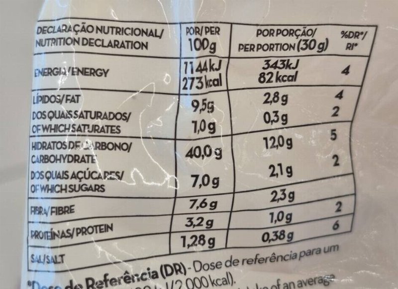 Foto da tabela nutricional