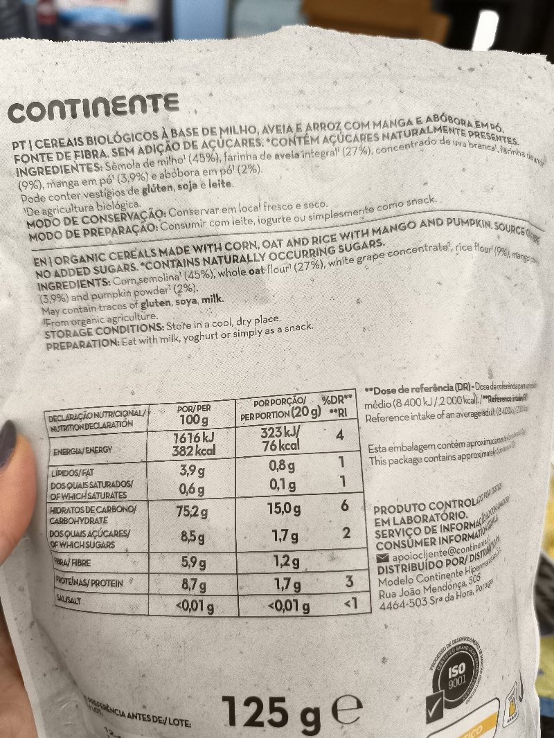 Foto da lista de ingredientes