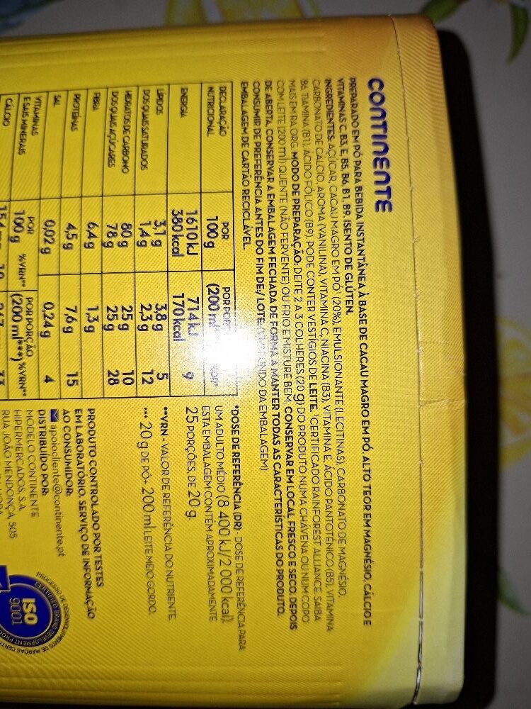Foto da lista de ingredientes