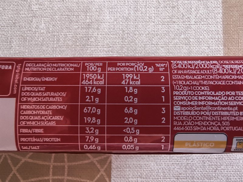 Foto da tabela nutricional