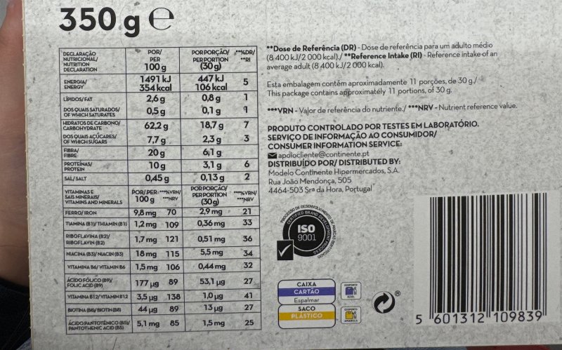 Foto da tabela nutricional