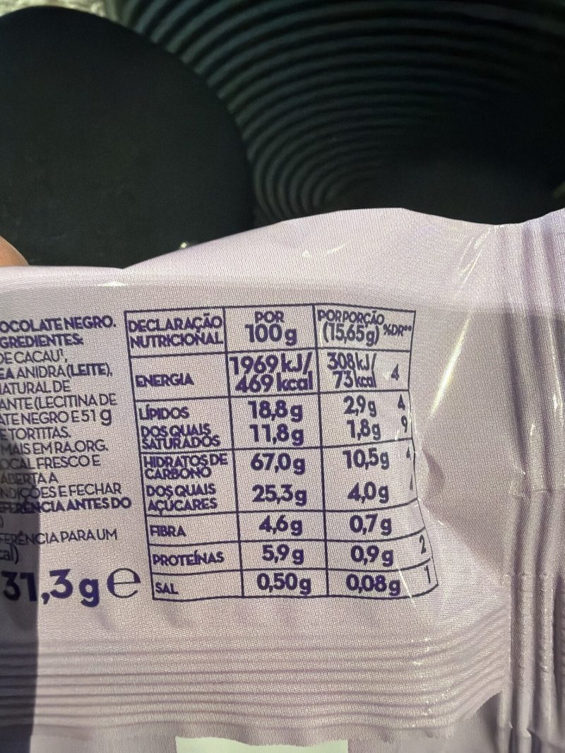 Foto da tabela nutricional