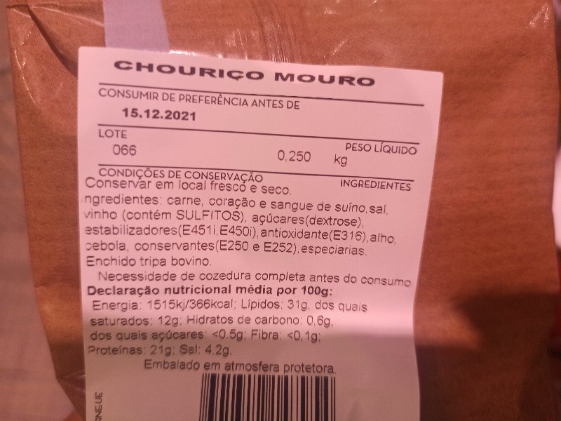 Foto da lista de ingredientes