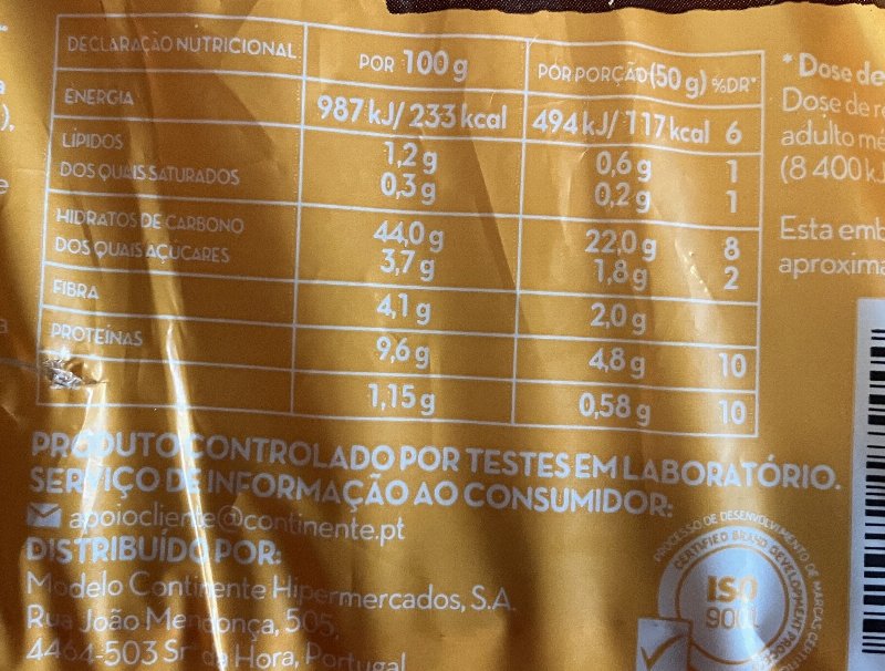 Foto da tabela nutricional