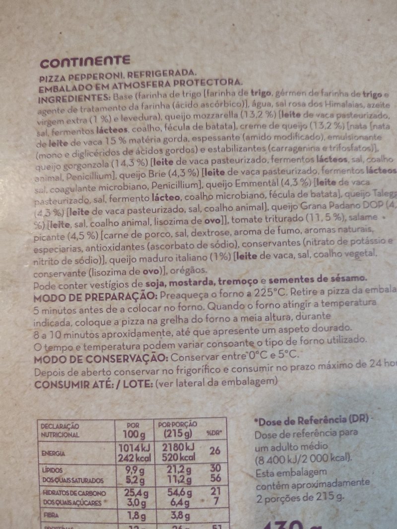 Foto da lista de ingredientes