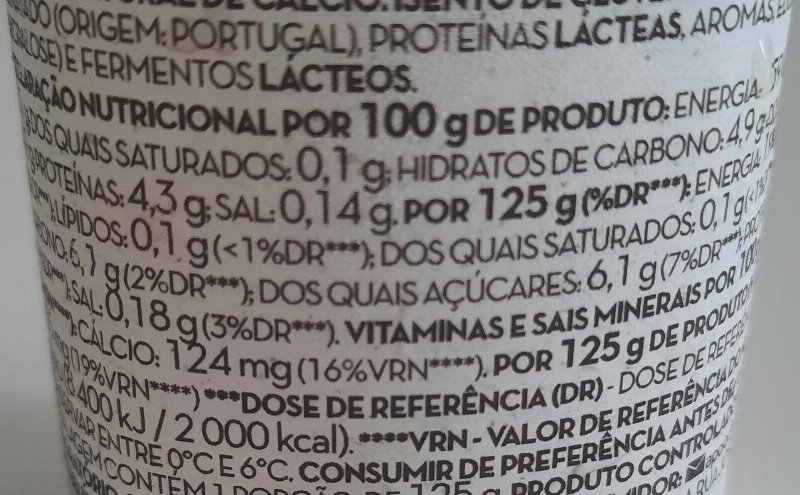 Foto da tabela nutricional