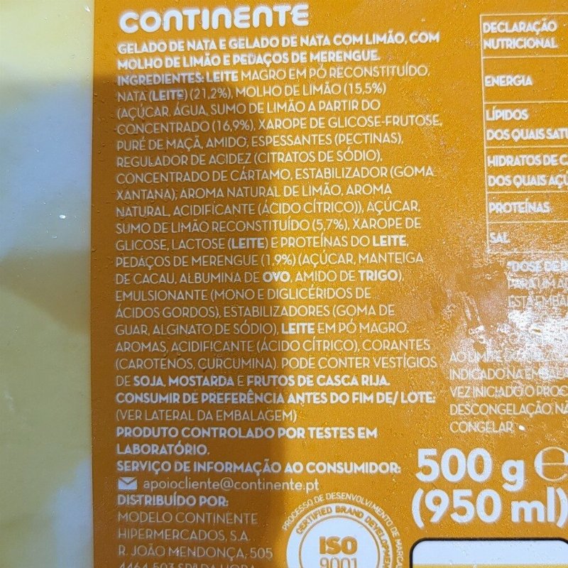 Foto da lista de ingredientes