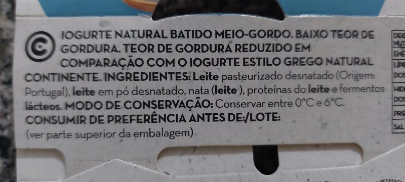 Foto da lista de ingredientes