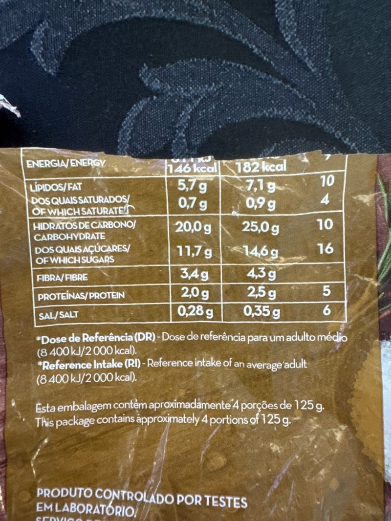 Foto da tabela nutricional