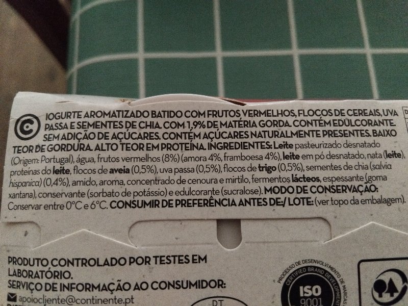 Foto da lista de ingredientes