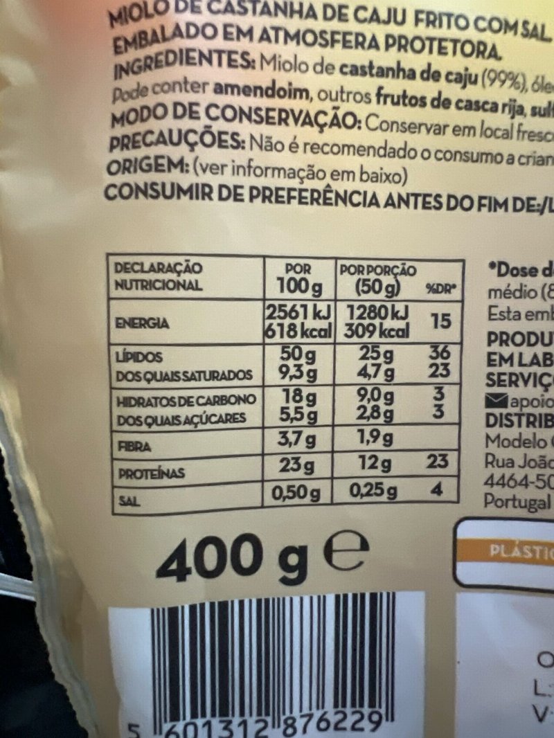 Foto da tabela nutricional