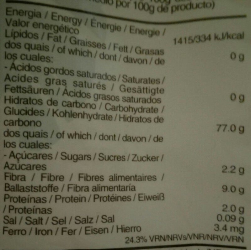 Foto da tabela nutricional