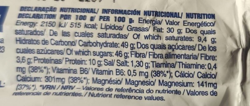 Foto da tabela nutricional