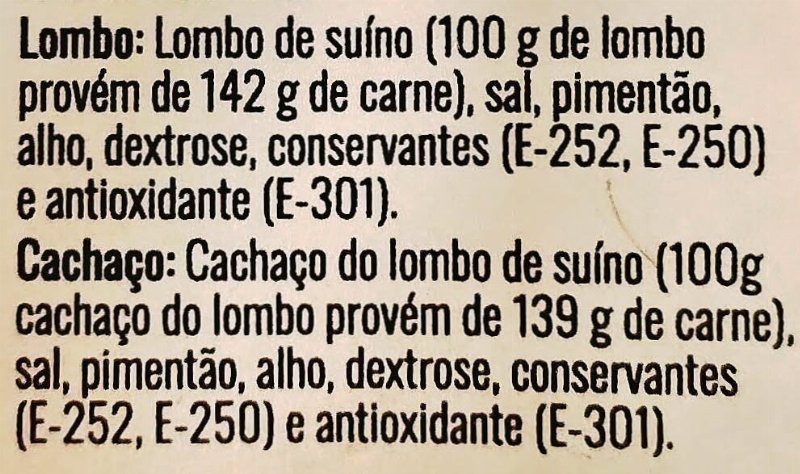 Foto da lista de ingredientes
