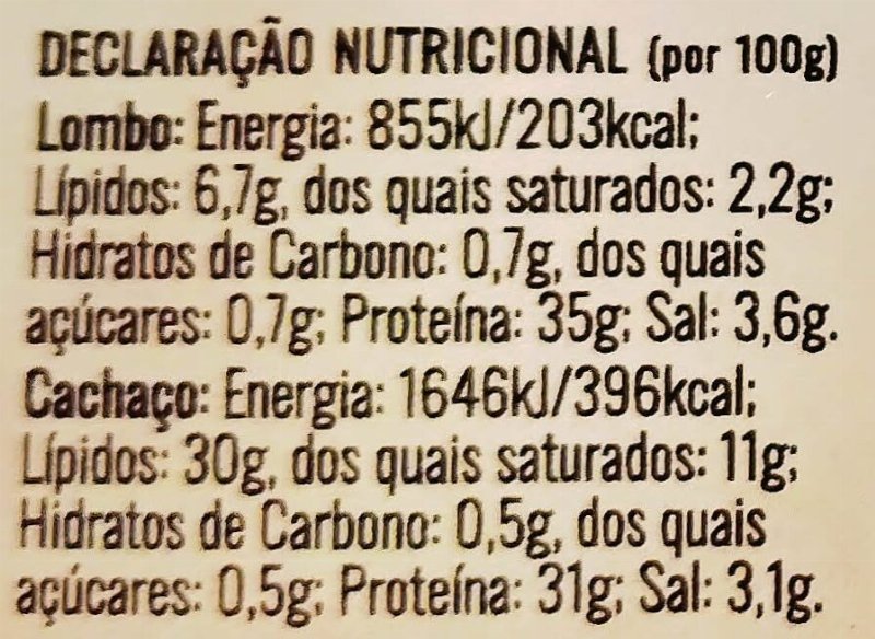 Foto da tabela nutricional