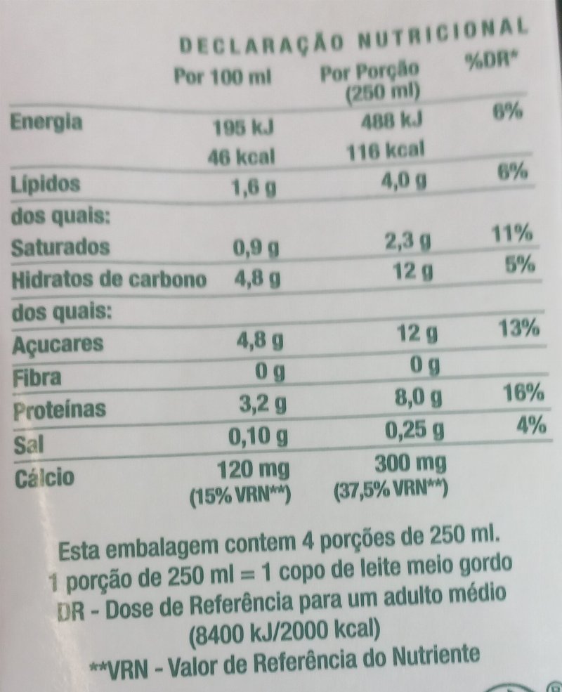 Foto da tabela nutricional
