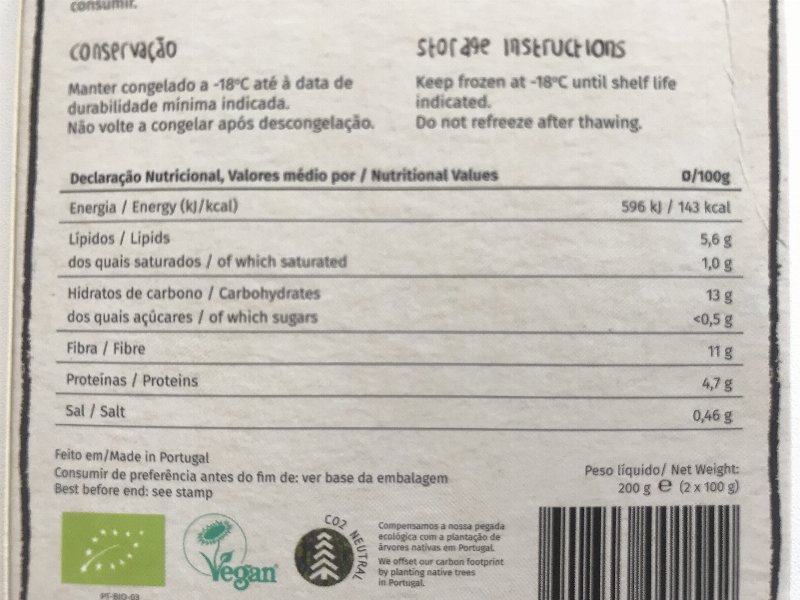 Foto da tabela nutricional