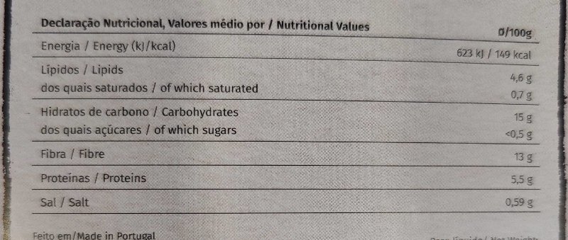 Foto da tabela nutricional