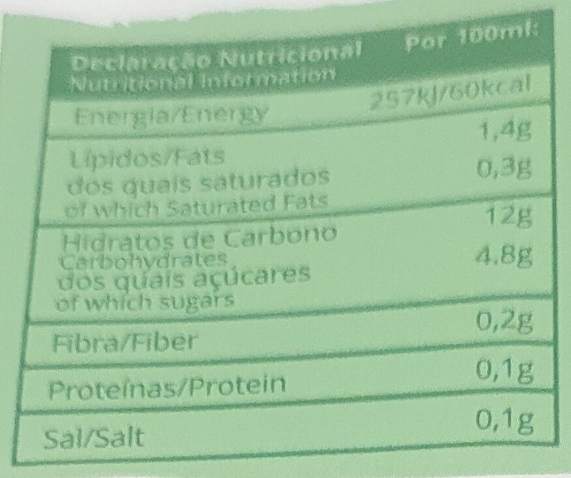Foto da tabela nutricional