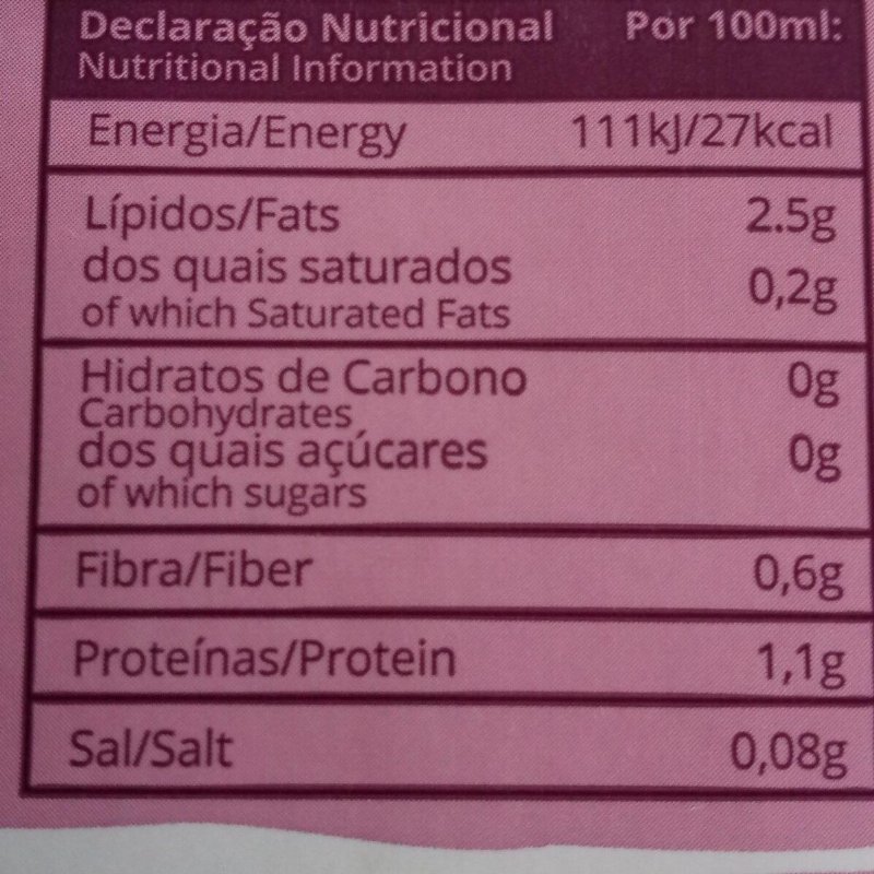 Foto da tabela nutricional