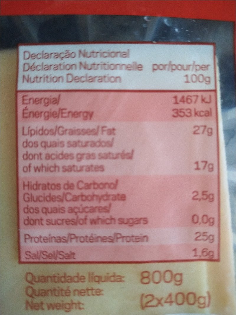 Foto da tabela nutricional