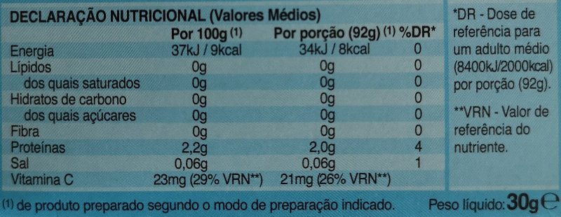 Foto da tabela nutricional