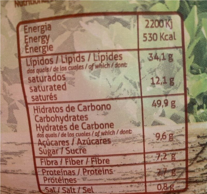 Foto da tabela nutricional