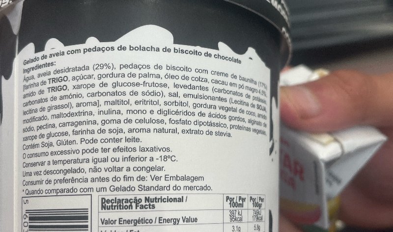 Foto da lista de ingredientes