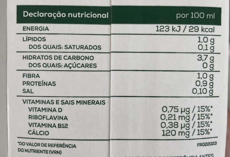 Foto da tabela nutricional