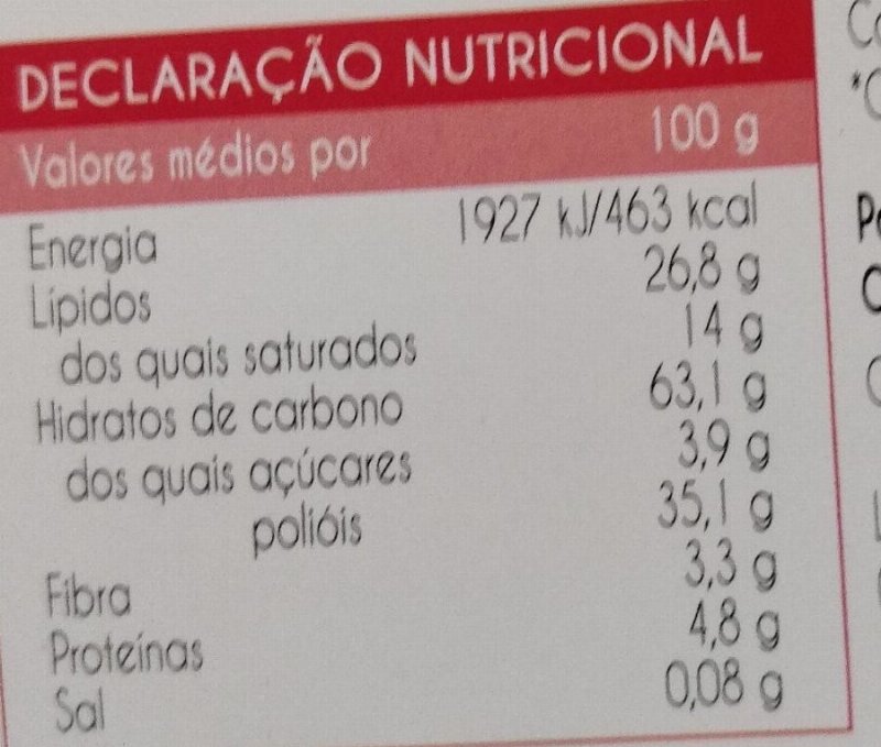 Foto da tabela nutricional