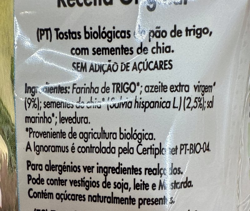 Foto da lista de ingredientes
