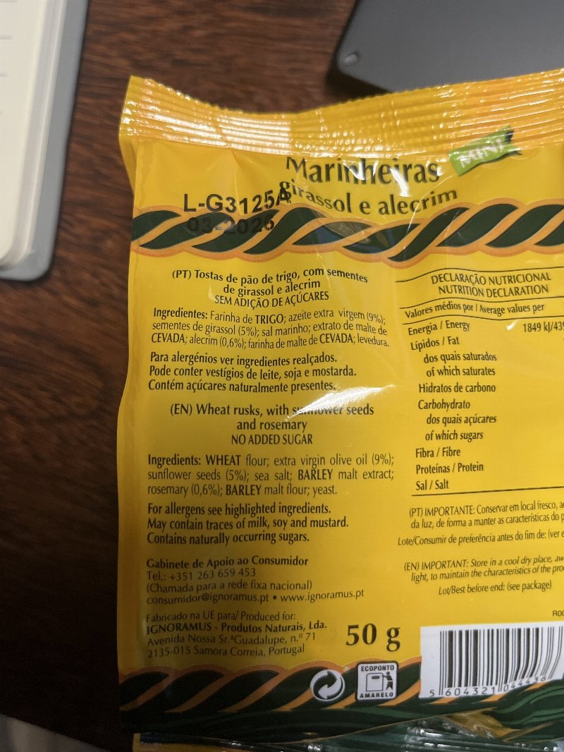 Foto da lista de ingredientes