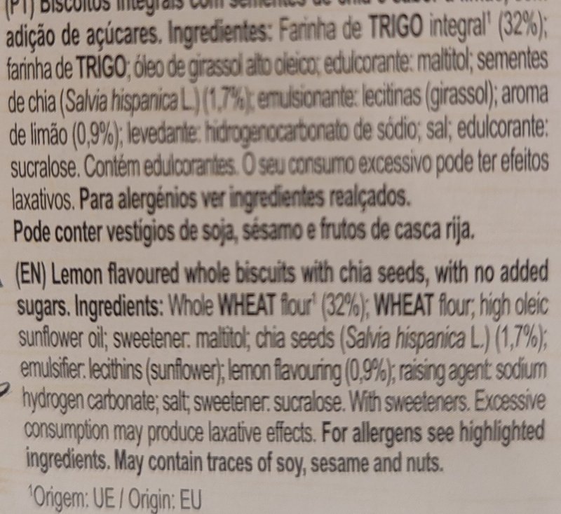 Foto da lista de ingredientes