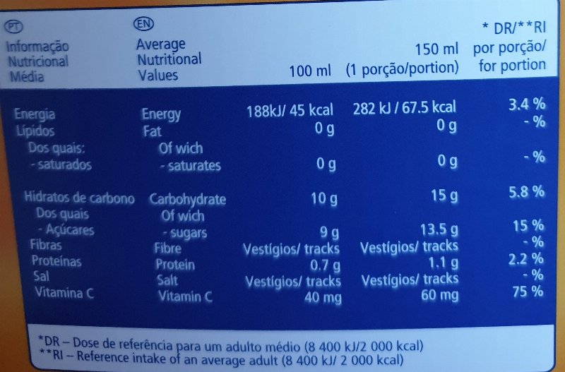 Foto da tabela nutricional