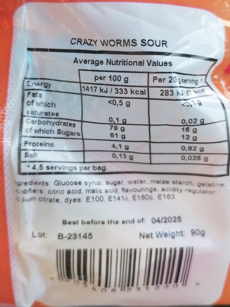 Foto da lista de ingredientes