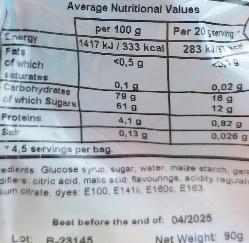 Foto da tabela nutricional