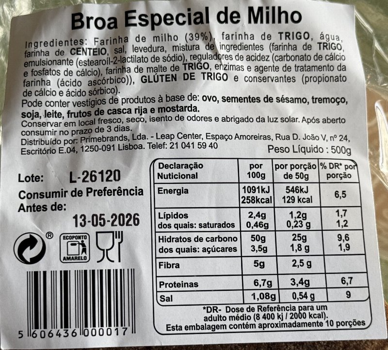 Foto da tabela nutricional