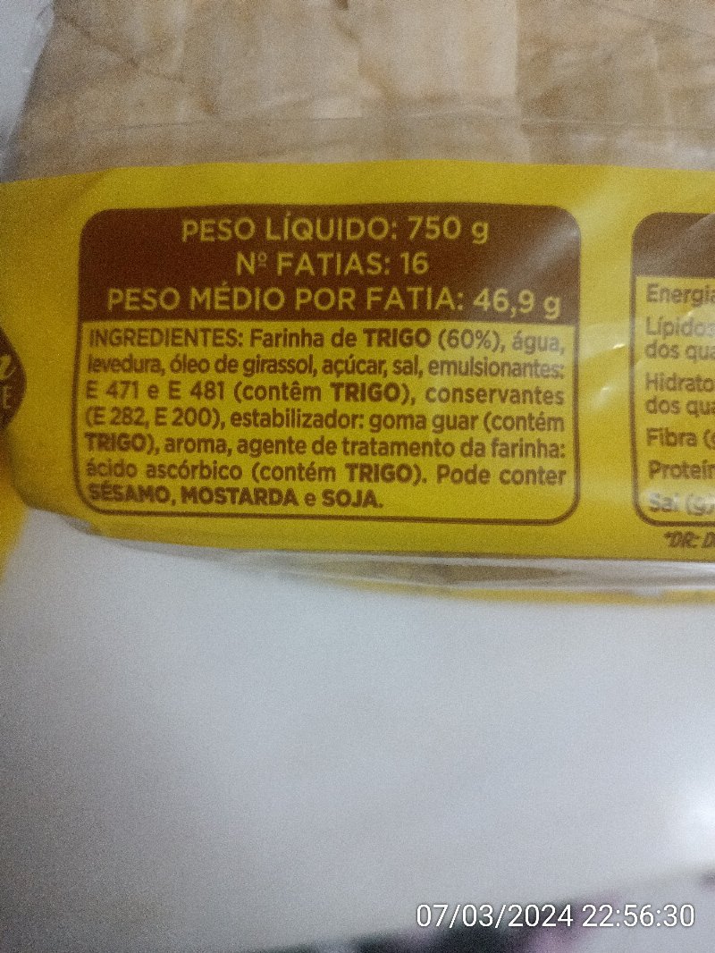 Foto da lista de ingredientes