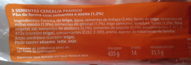 Foto da lista de ingredientes