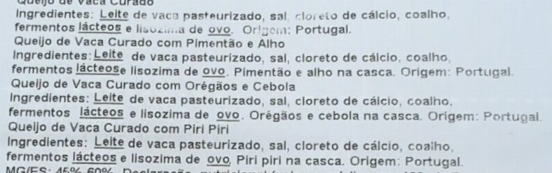 Foto da lista de ingredientes