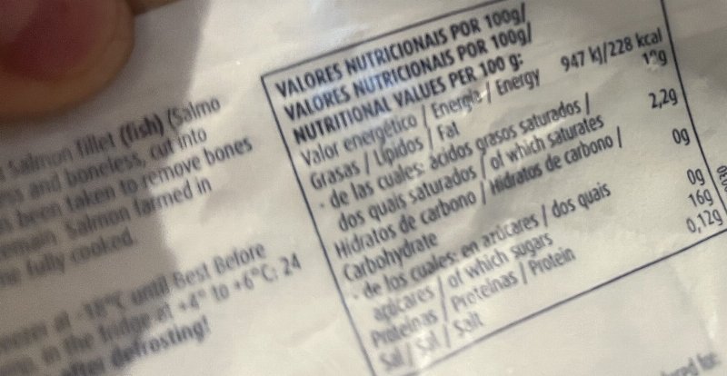 Foto da tabela nutricional