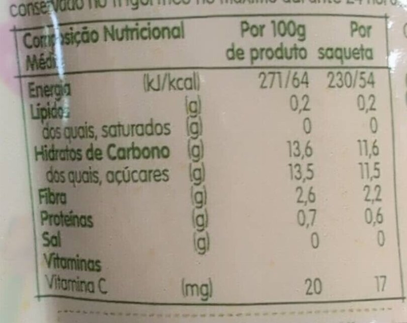 Foto da tabela nutricional
