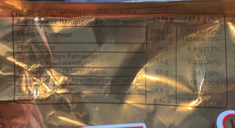 Foto da tabela nutricional