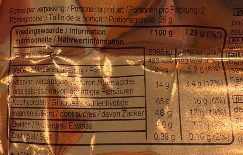 Foto da tabela nutricional