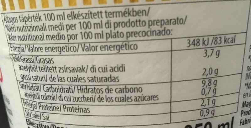 Foto da tabela nutricional