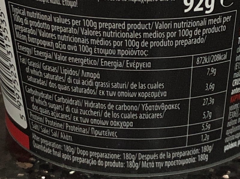 Foto da tabela nutricional