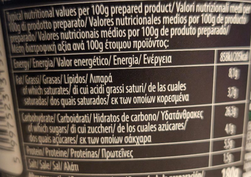 Foto da tabela nutricional