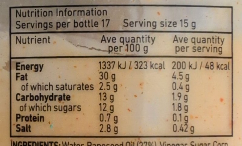 Foto da tabela nutricional