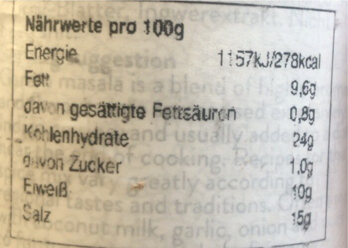 Foto da tabela nutricional