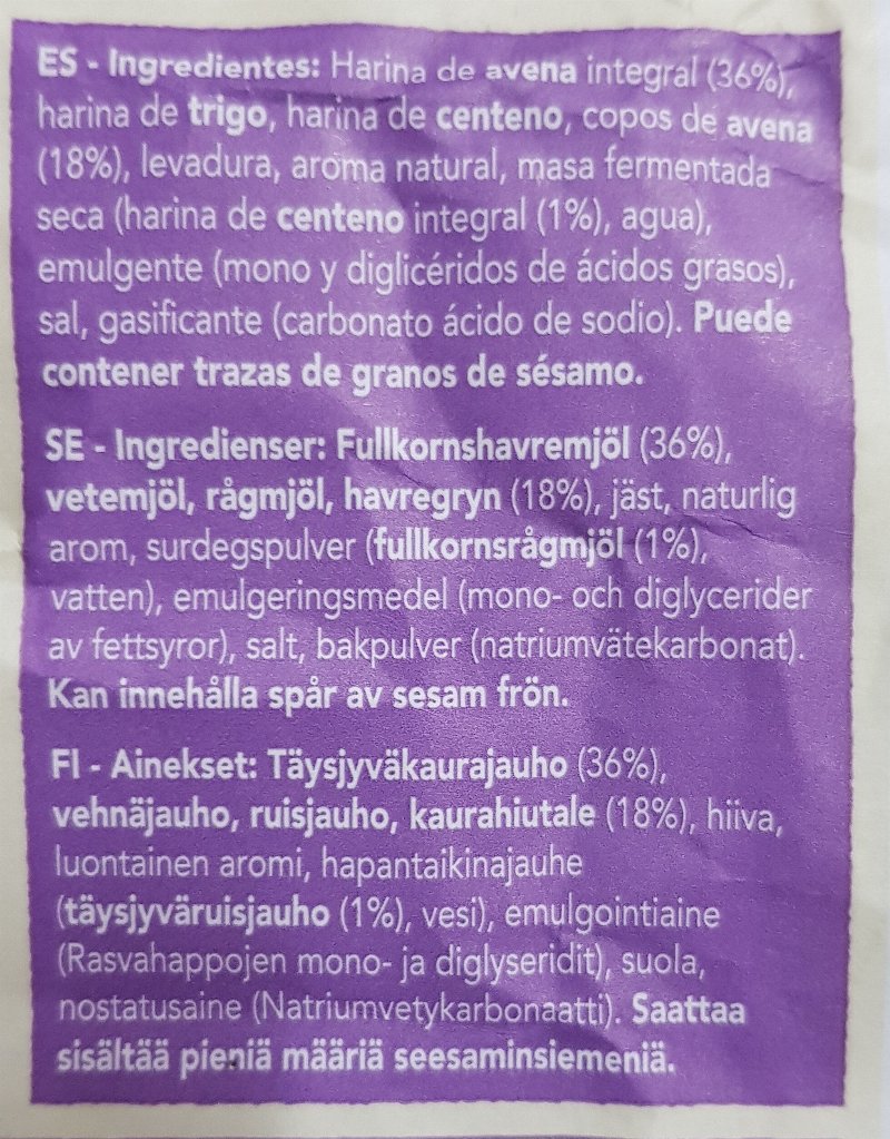 Foto da lista de ingredientes